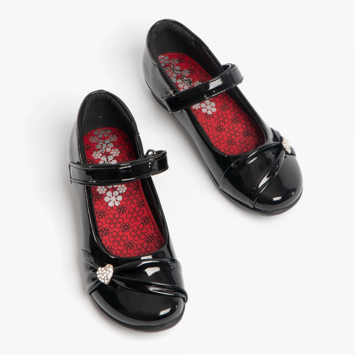 US Brass PAIGE II Girls Touch Fastened Diamante Bar Shoes Patent Black