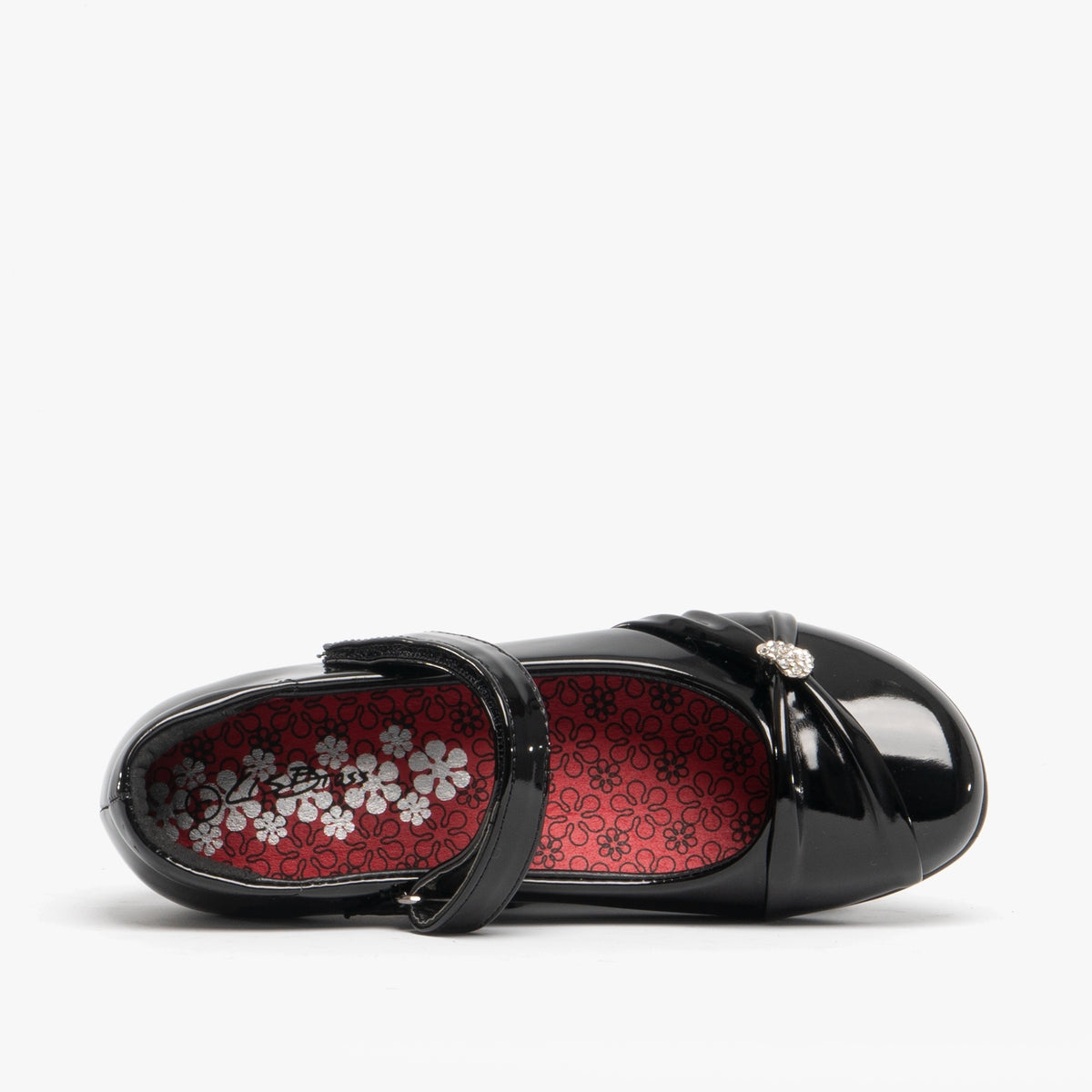US Brass PAIGE II Girls Touch Fastened Diamante Bar Shoes Patent Black