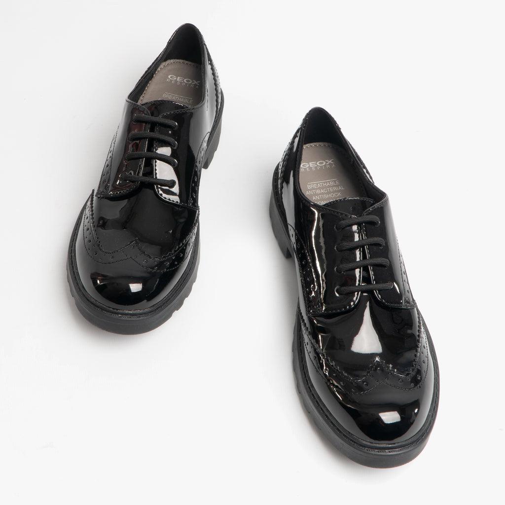 GEOX JR CASEY Girls Patent Brogue School Shoes Black