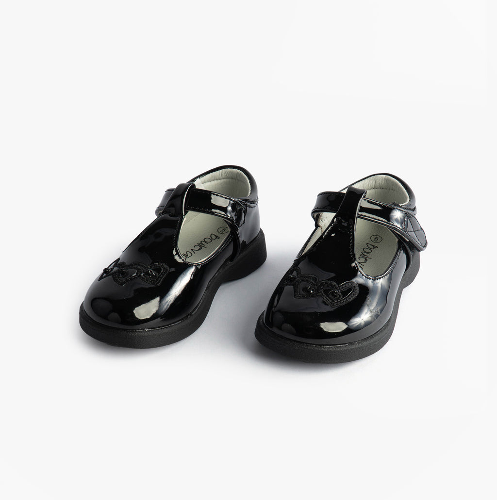 Boulevard Girls Touch Fasten T-Bar School Shoes Black Patent