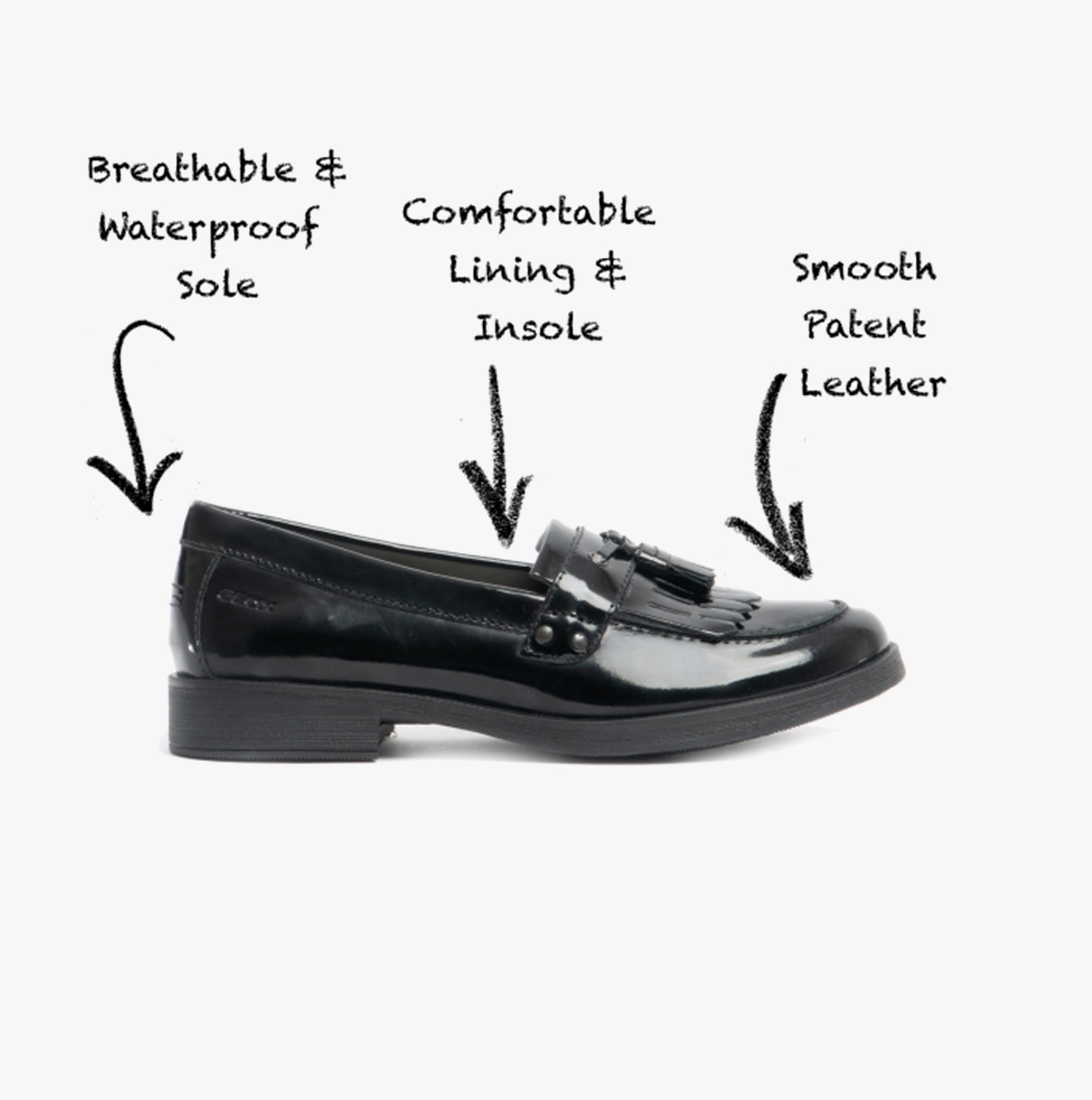 GEOX JR AGATA Girls Moccasin Tassel School Shoes Patent Black