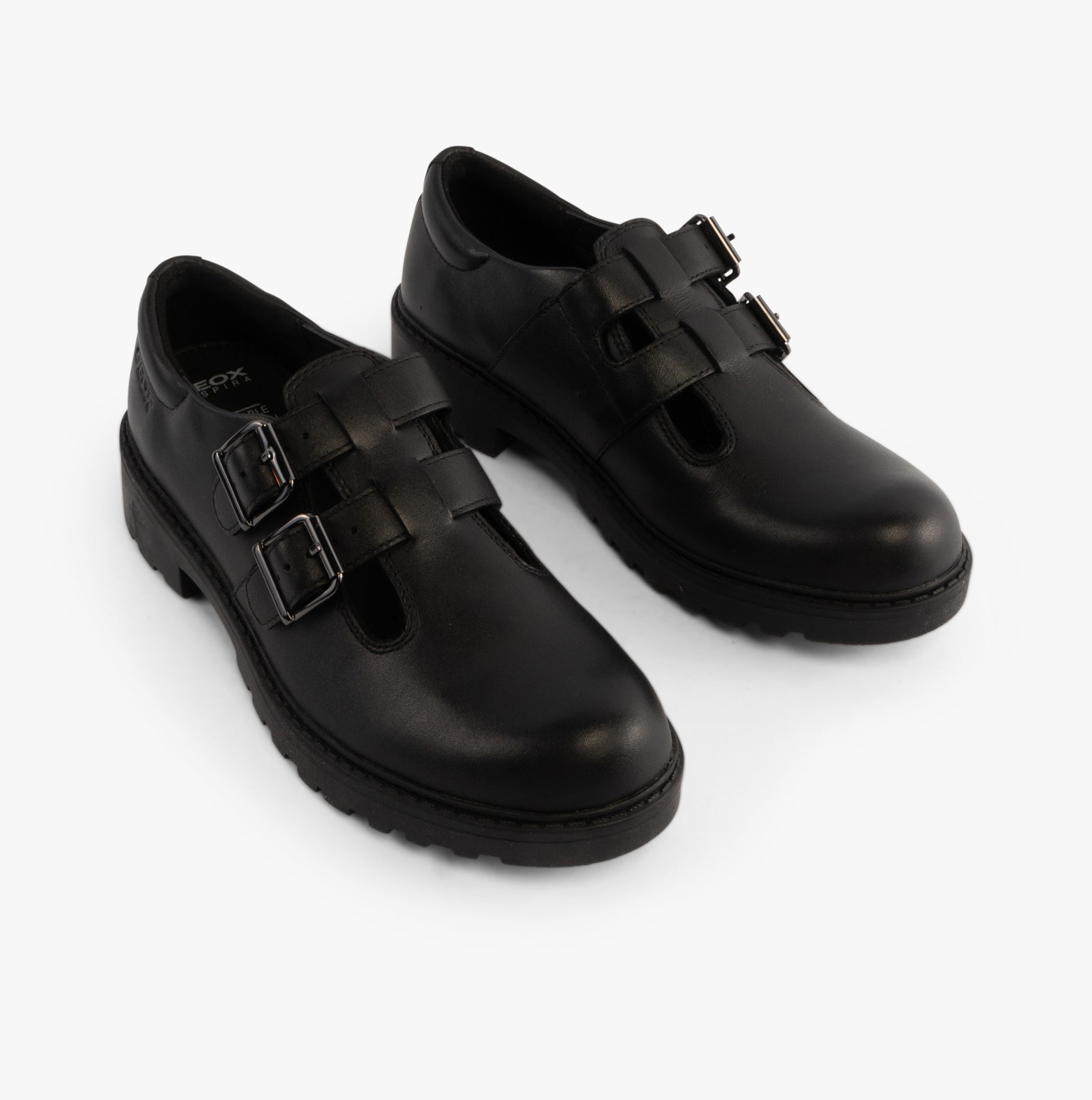 GEOX CASEY D Girls Leather Buckle School Shoes Black