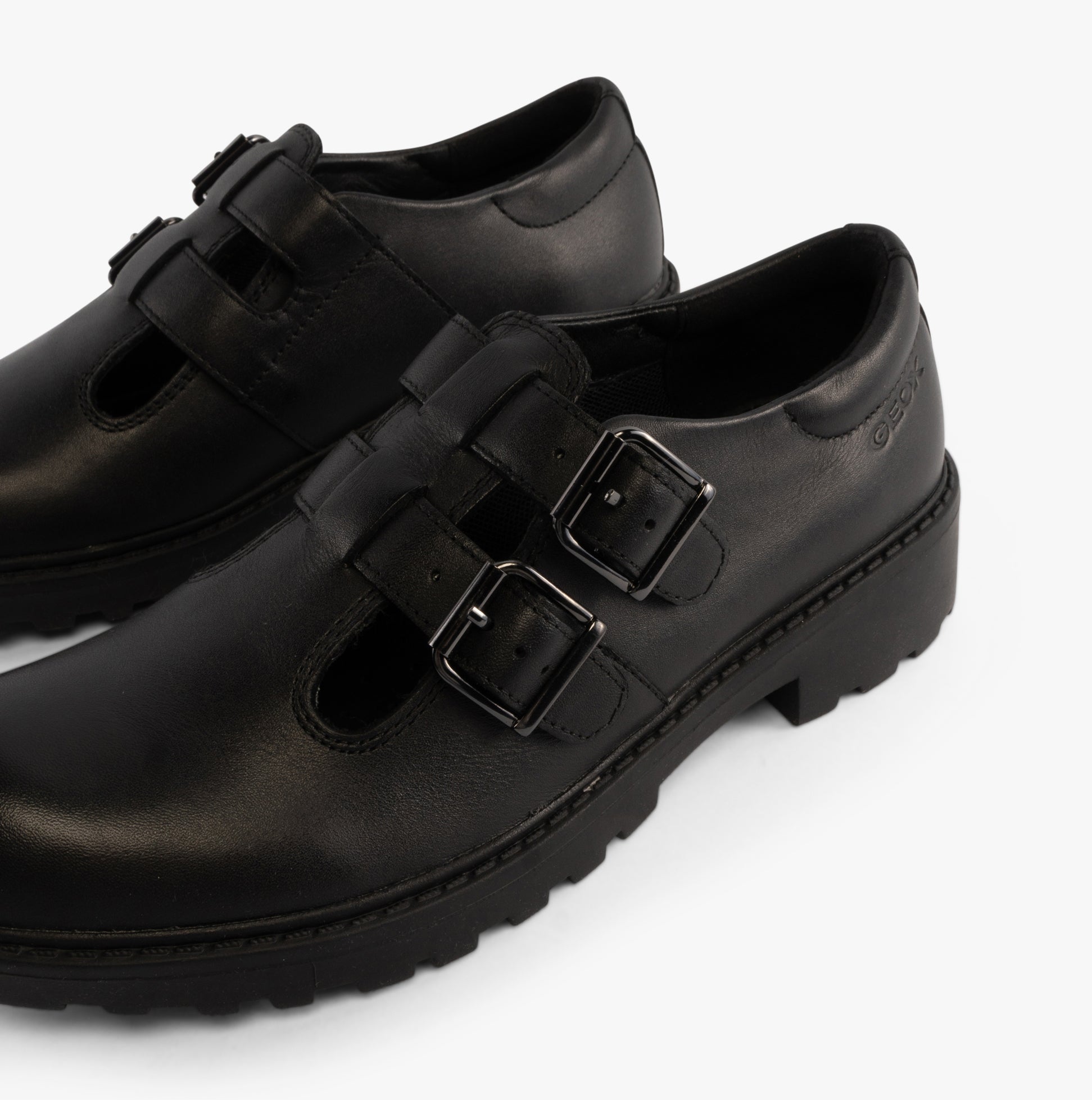 GEOX CASEY D Girls Leather Buckle School Shoes Black