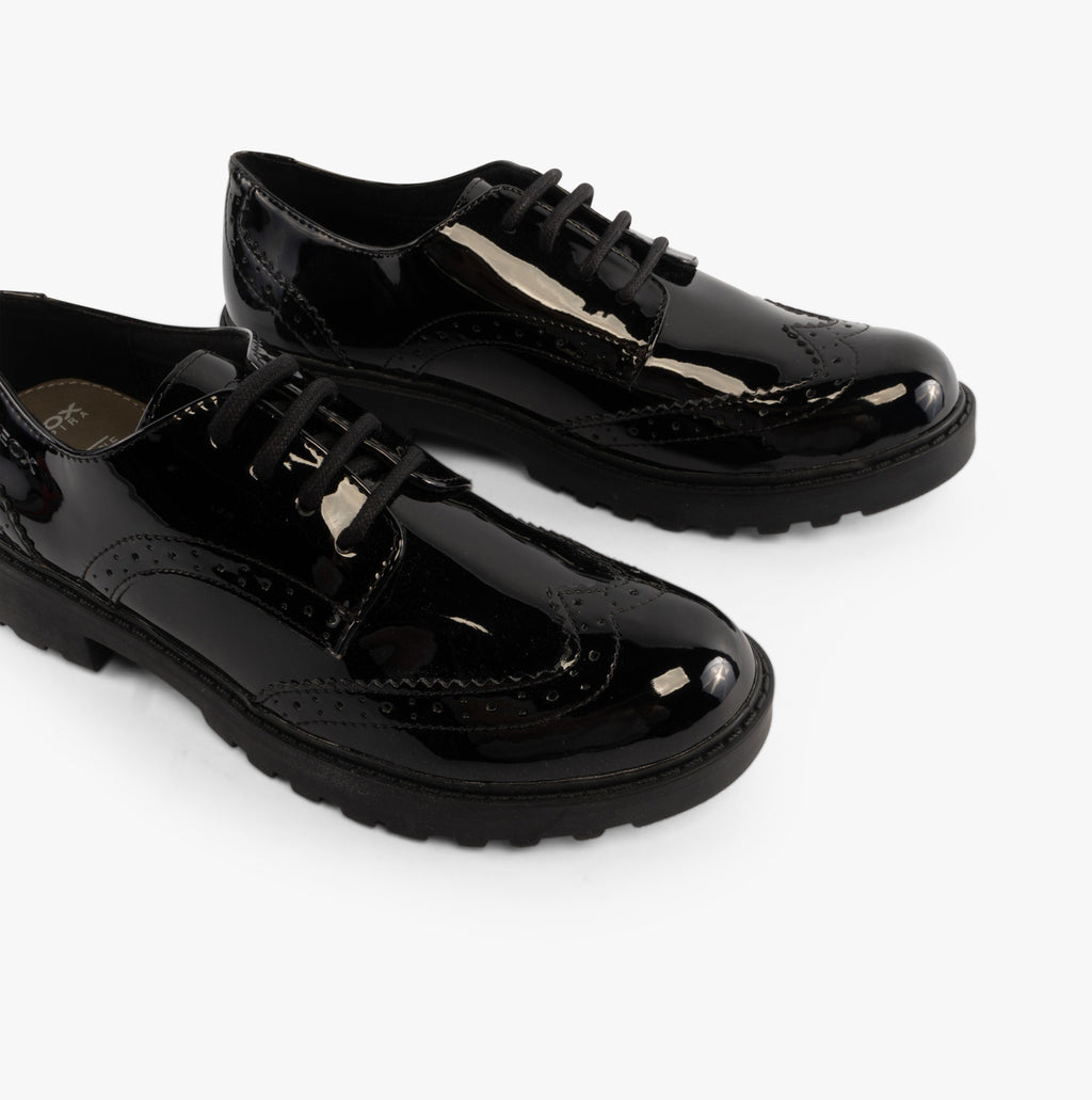 GEOX JR CASEY Girls Patent Brogue School Shoes Black