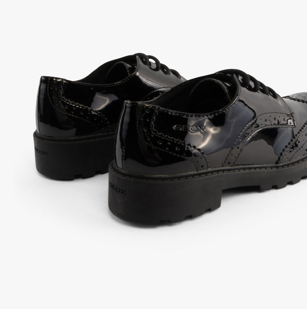 GEOX JR CASEY Girls Patent Brogue School Shoes Black