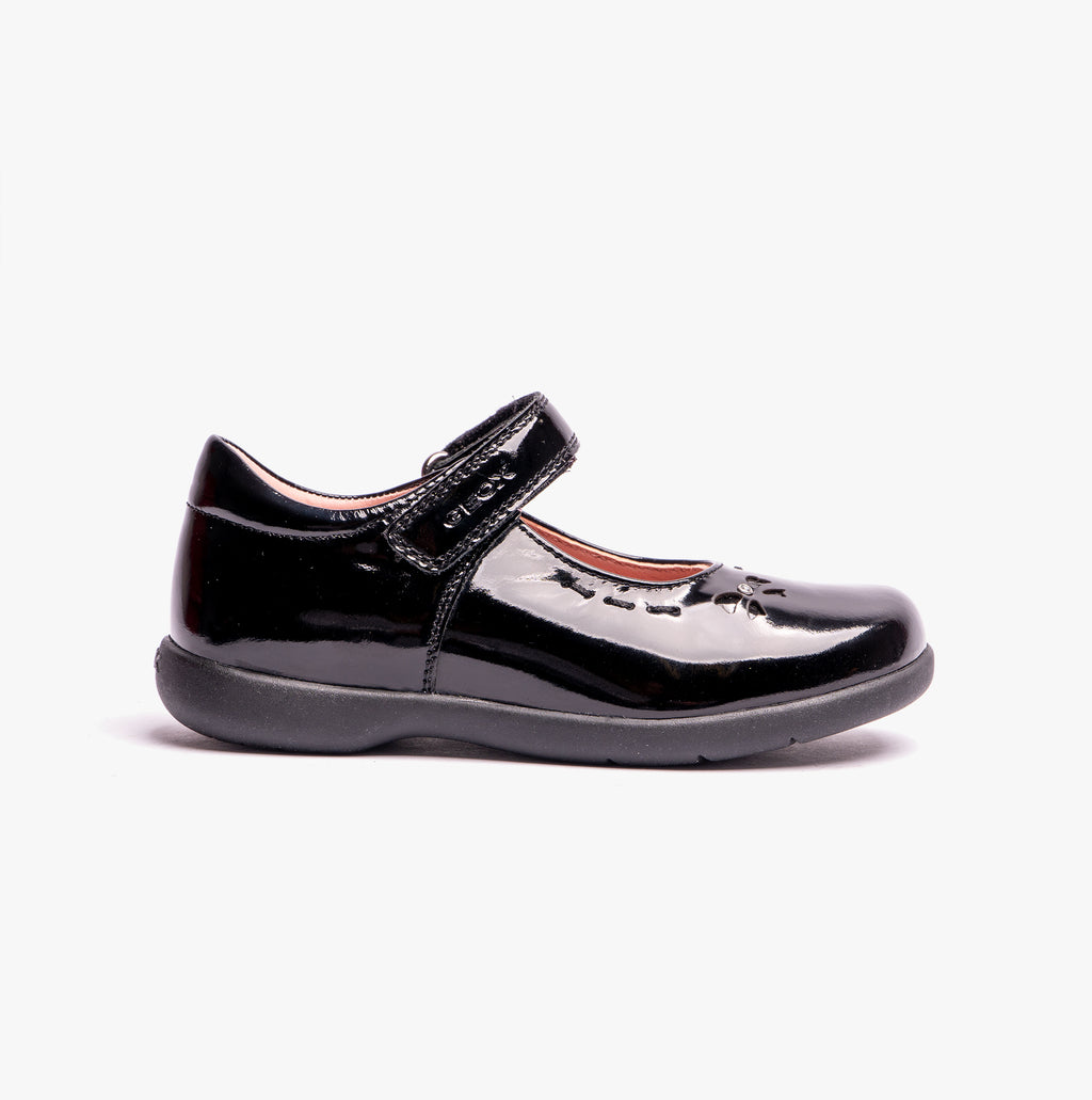 GEOX NAIMARA G A Girls Leather Touch Fasten School Shoes Patent Black