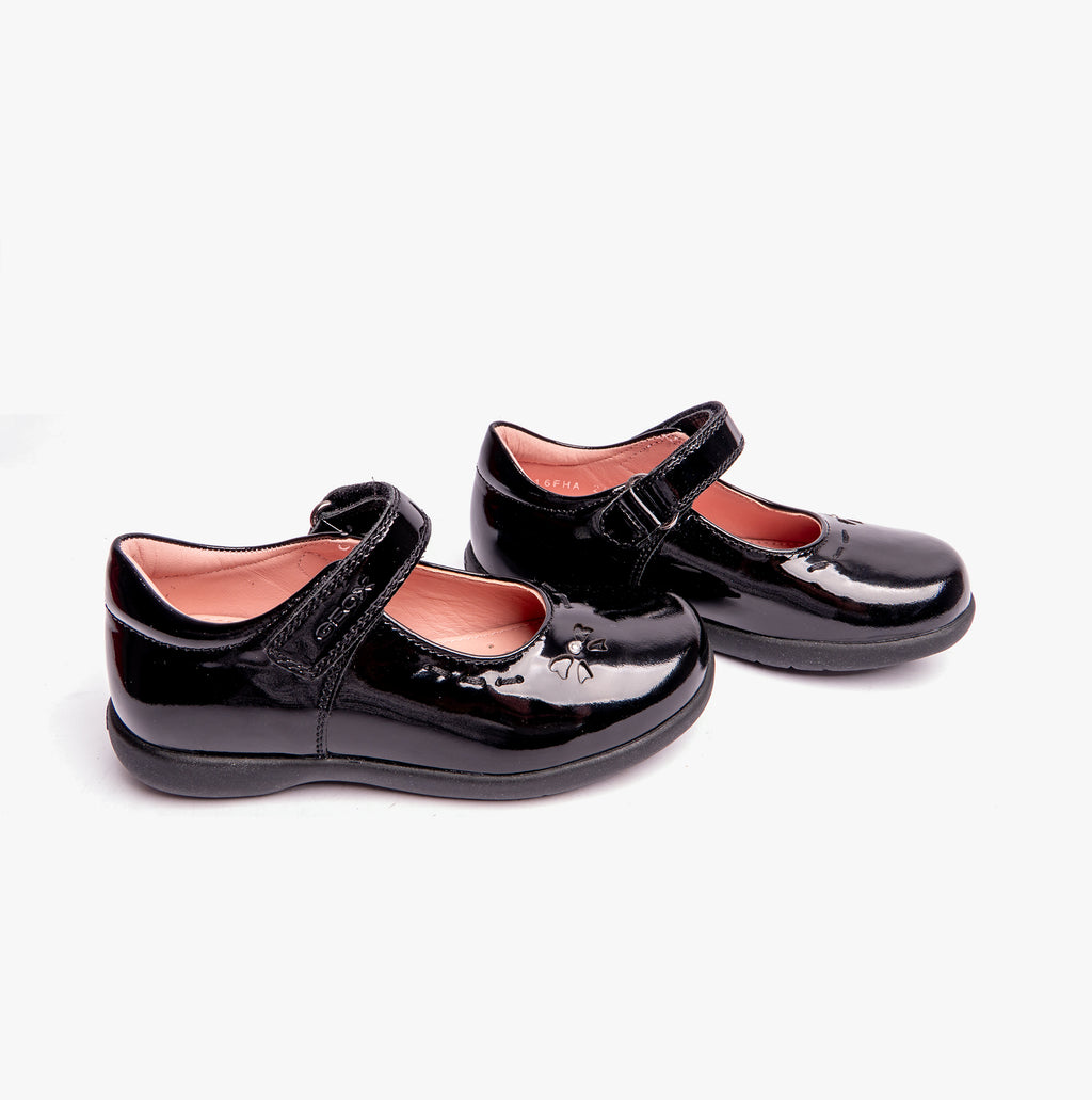 GEOX NAIMARA G A Girls Leather Touch Fasten School Shoes Patent Black