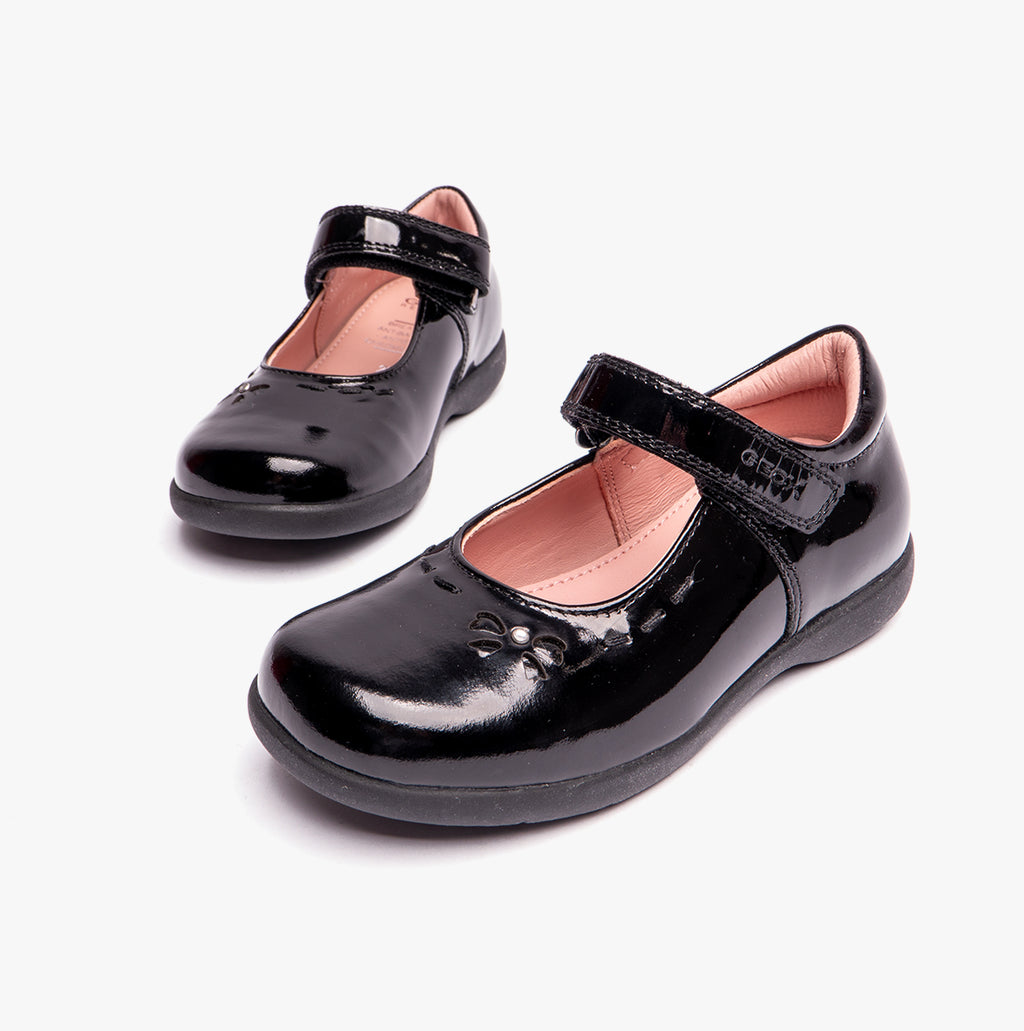 GEOX NAIMARA G A Girls Leather Touch Fasten School Shoes Patent Black