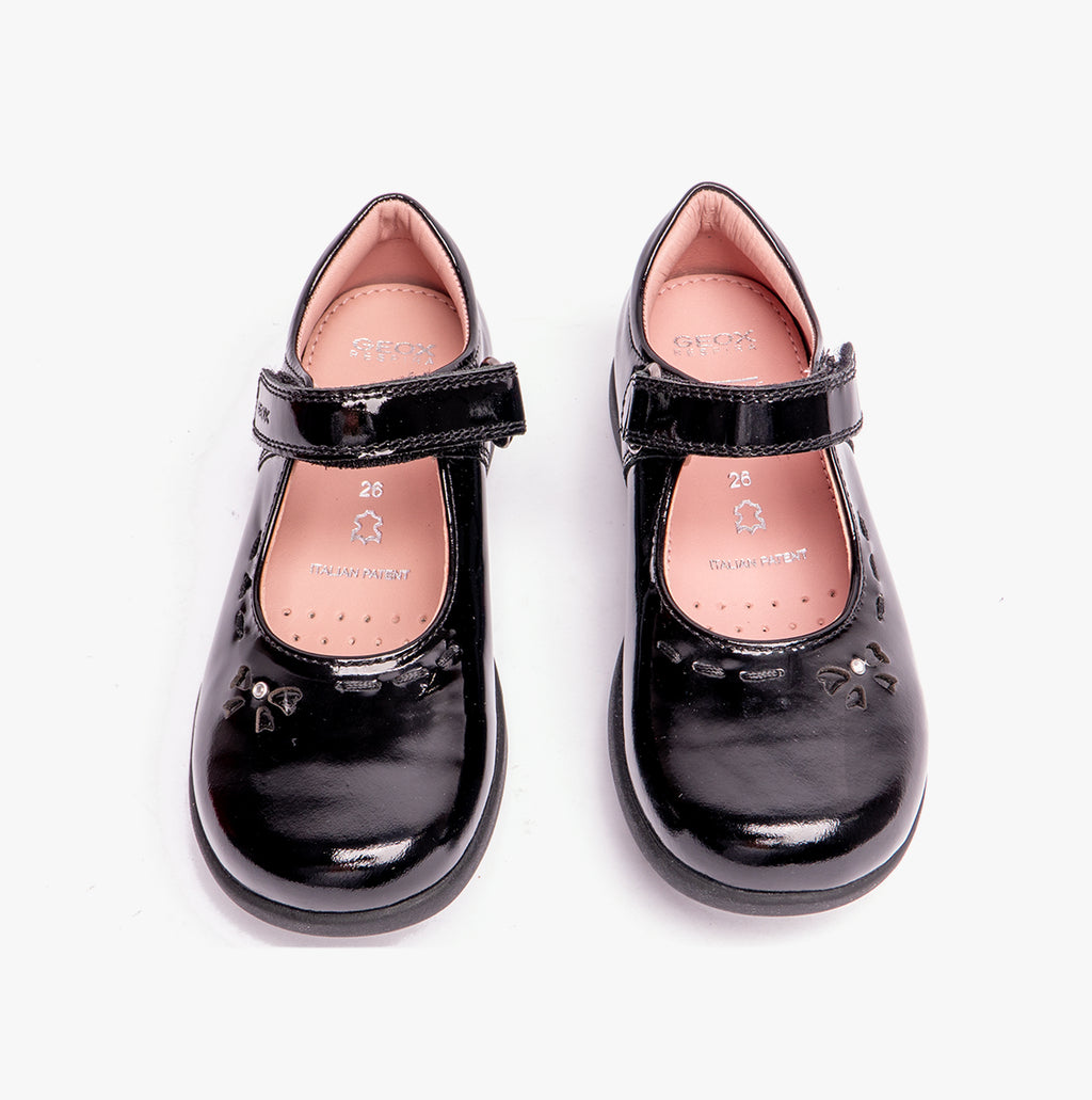 GEOX NAIMARA G A Girls Leather Touch Fasten School Shoes Patent Black