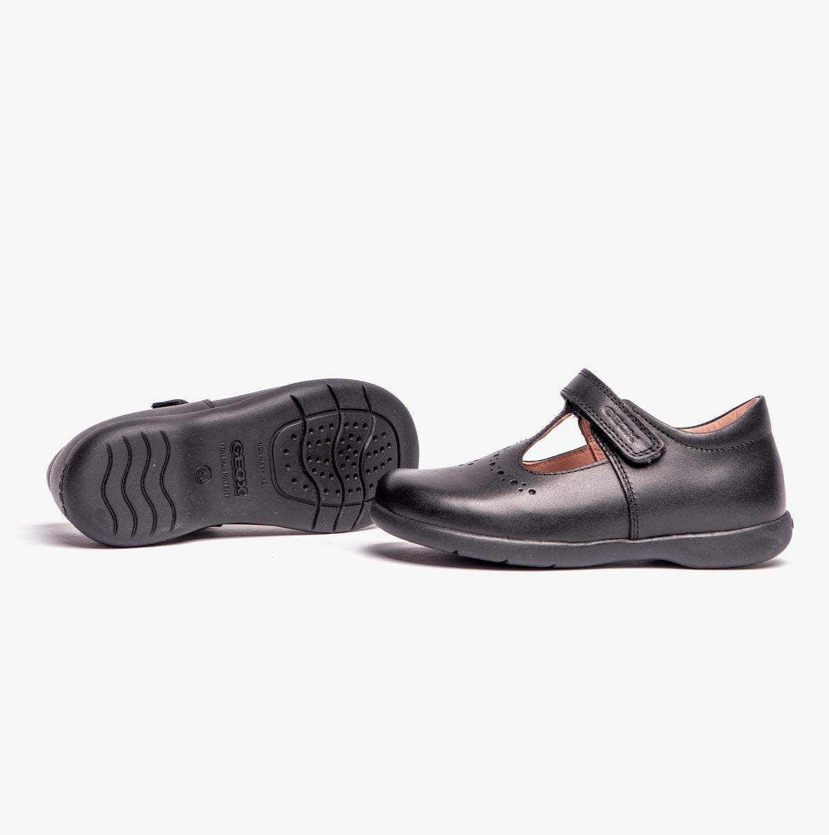 GEOX NAIMARA G B Girls Leather Touch Fasten School Shoes Black