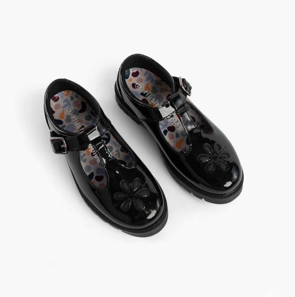 Hush Puppies FIONA Girls Leather School Shoes Patent Black