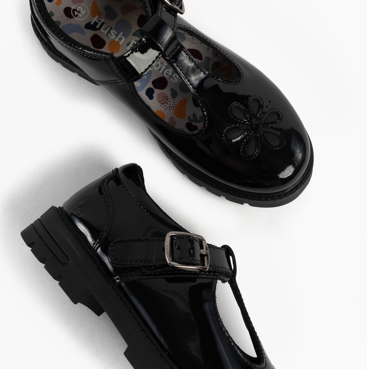 Hush Puppies FIONA Girls Leather School Shoes Patent Black