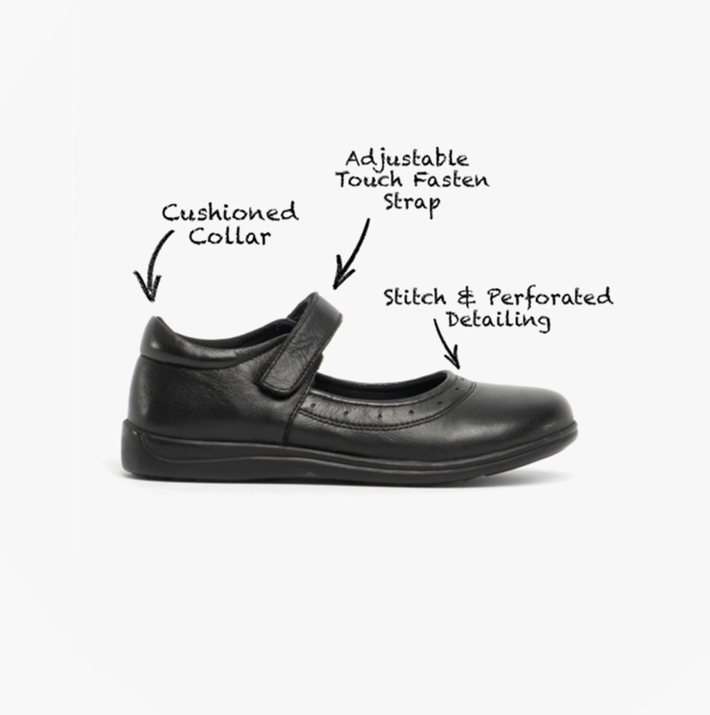 Roamers ELSA Girls Leather Touch Fasten Mary Jane Shoes Black